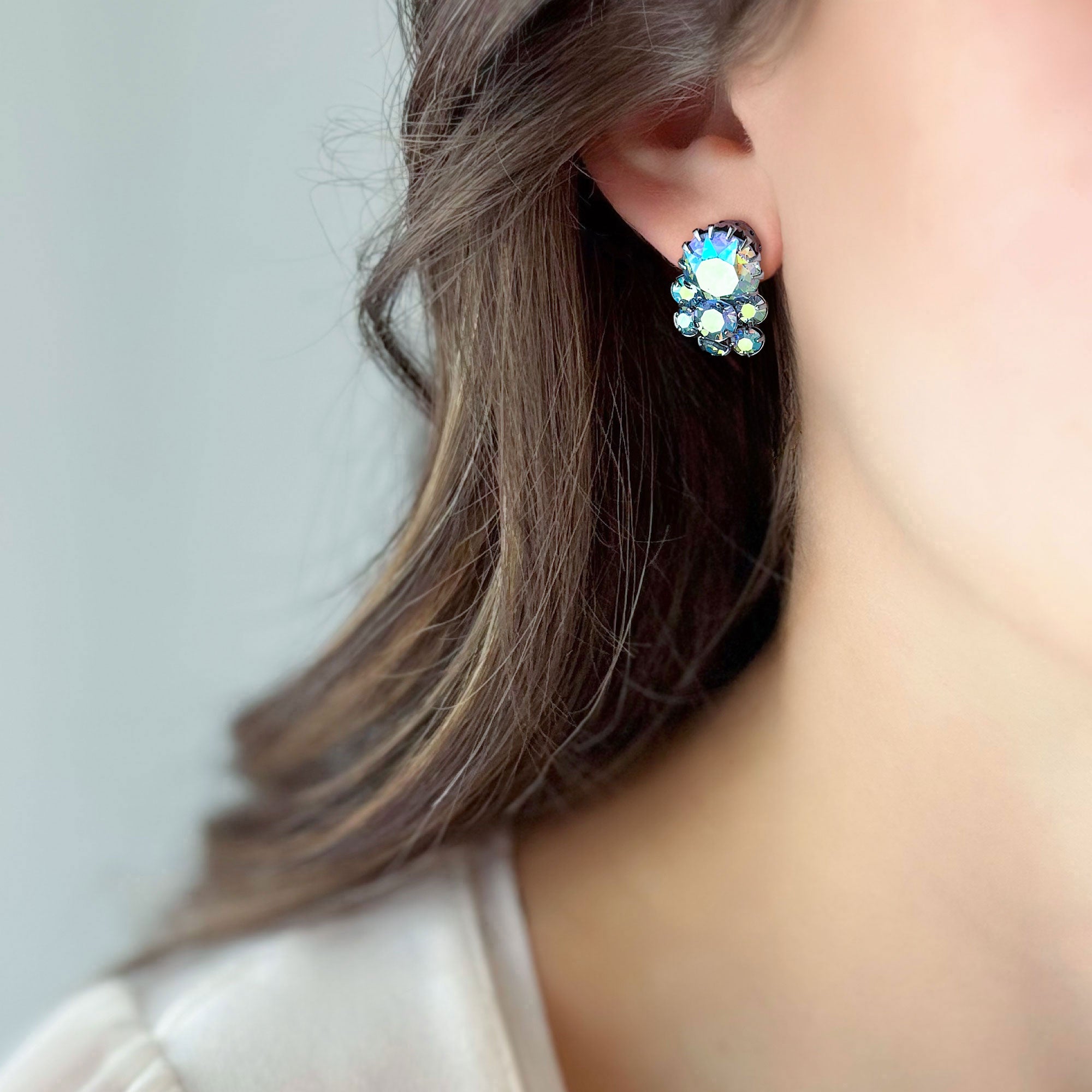 DELPHINE vintage Austrian blue aurora borealis stud earrings - 