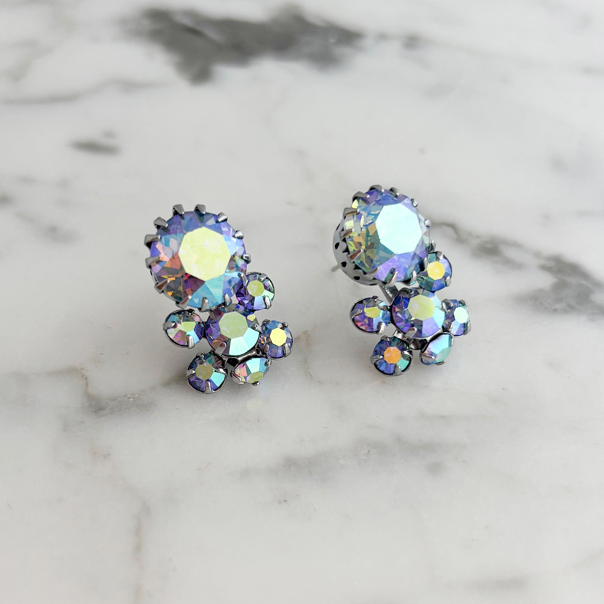 DELPHINE vintage Austrian blue aurora borealis stud earrings - 