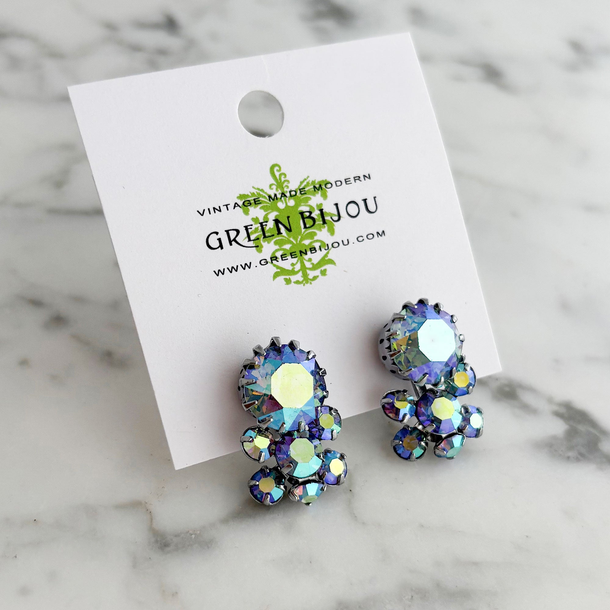 DELPHINE vintage Austrian blue aurora borealis stud earrings - 