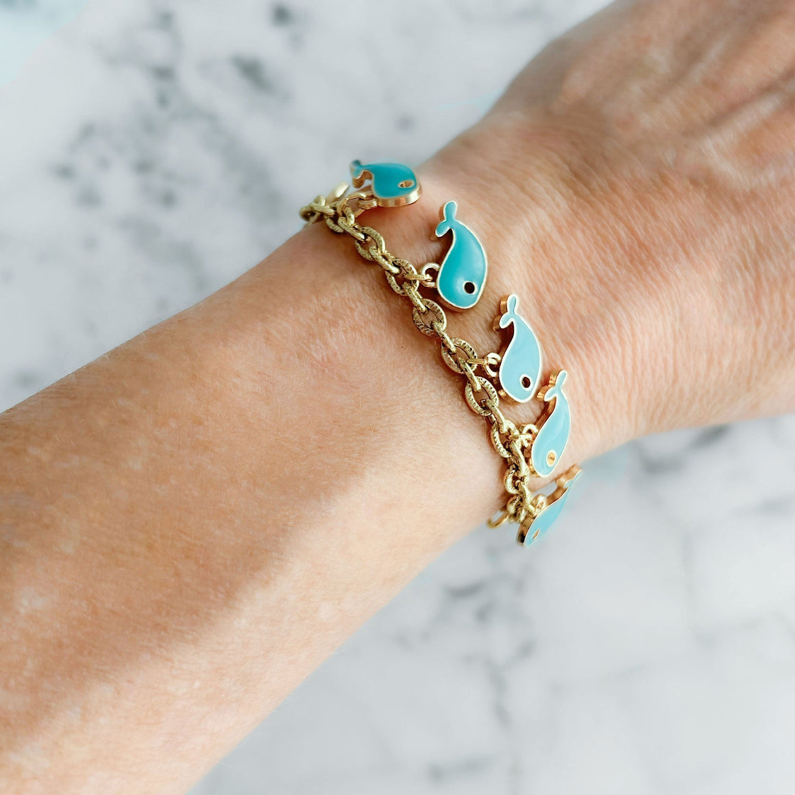 DENTON vintage gold chain teal enamel whale charm bracelet-GREEN BIJOU