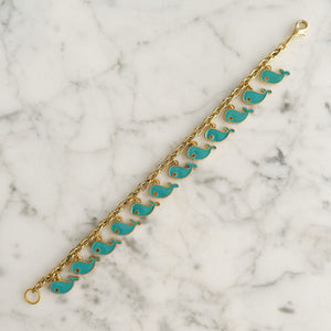 DENTON vintage gold chain teal enamel whale charm bracelet - 