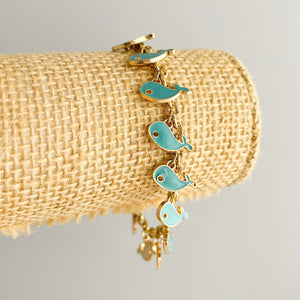 DENTON vintage gold chain teal enamel whale charm bracelet - 