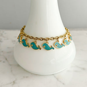 DENTON vintage gold chain teal enamel whale charm bracelet - 