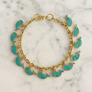 DENTON vintage gold chain teal enamel whale charm bracelet - 