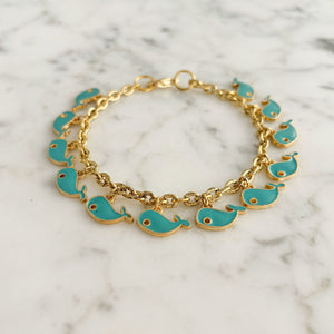 DENTON vintage gold chain teal enamel whale charm bracelet-GREEN BIJOU