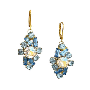 DESTINY vintage blue aurora borealis rhinestone gold earrings - 