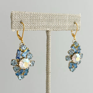 DESTINY vintage blue aurora borealis rhinestone gold earrings - 