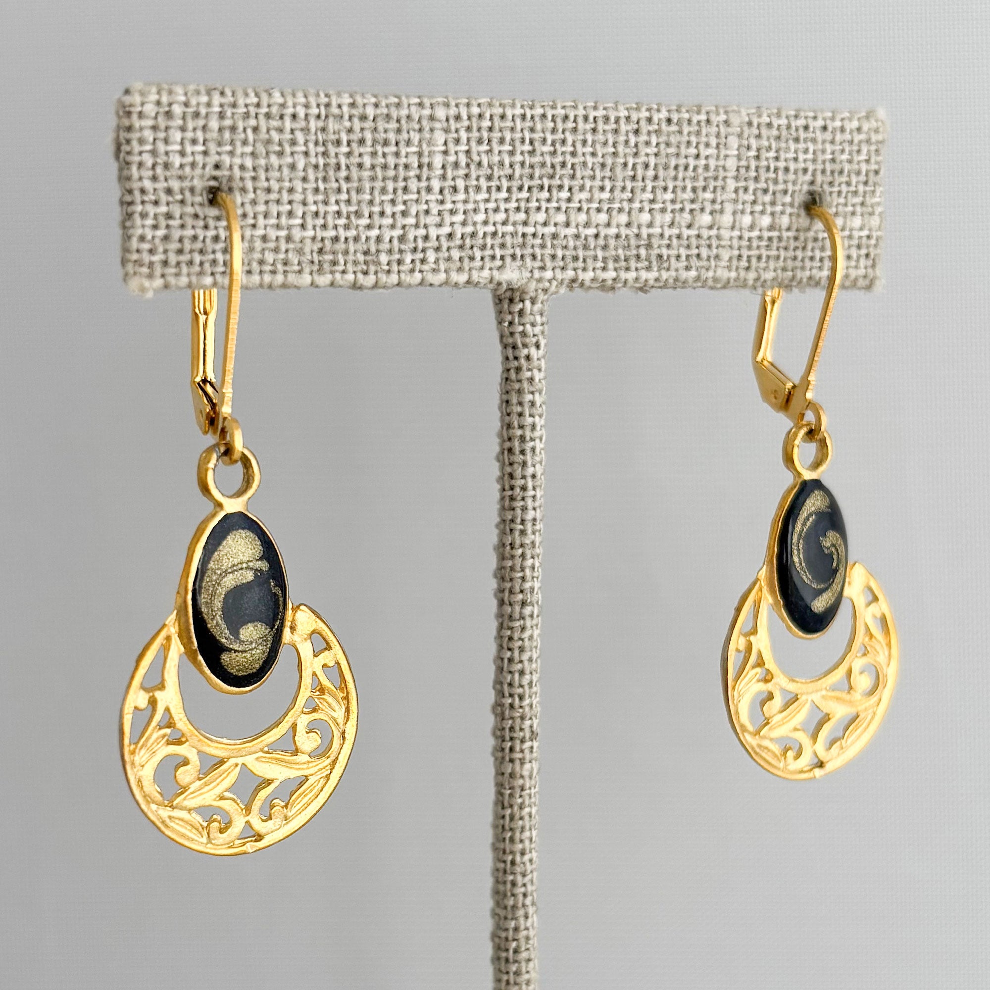 DIEDRE vintage black enamel gold filigree hoop earrings-GREEN BIJOU