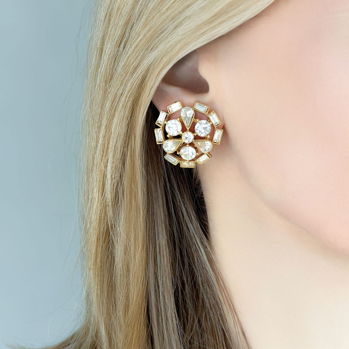 DILLON vintage round clear ice rhinestone gold clip earrings-GREEN BIJOU