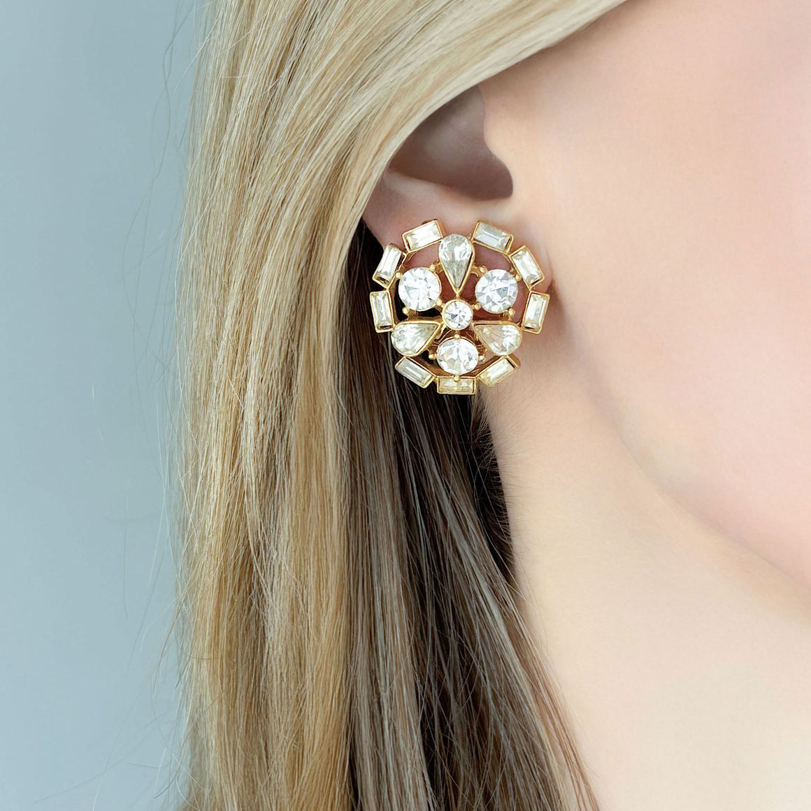 DILLON vintage round clear ice rhinestone gold clip earrings-GREEN BIJOU