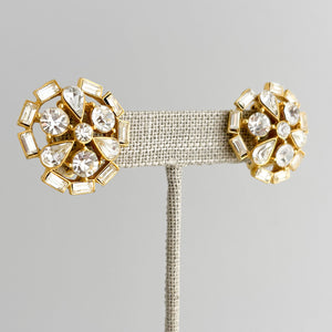DILLON vintage round clear ice rhinestone gold clip earrings - 