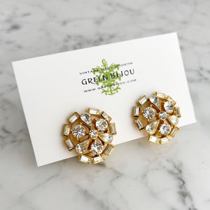 DILLON vintage round clear ice rhinestone gold clip earrings - 