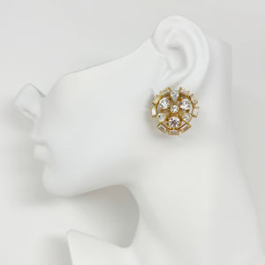 DILLON vintage round clear ice rhinestone gold clip earrings - 