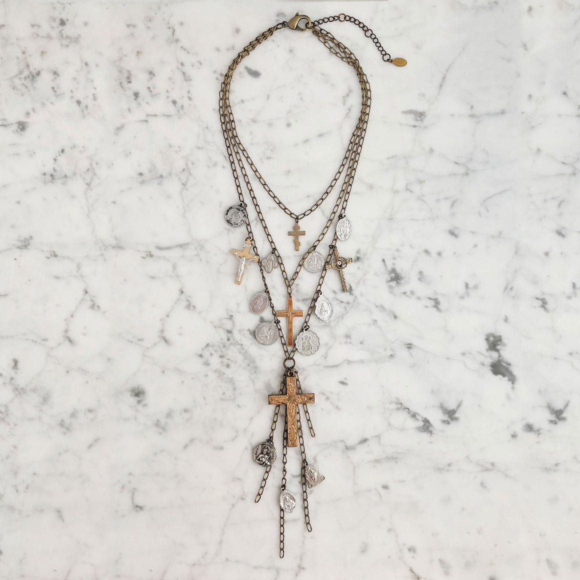 DIVINITY vintage devotional medals crosses layered necklaces-GREEN BIJOU