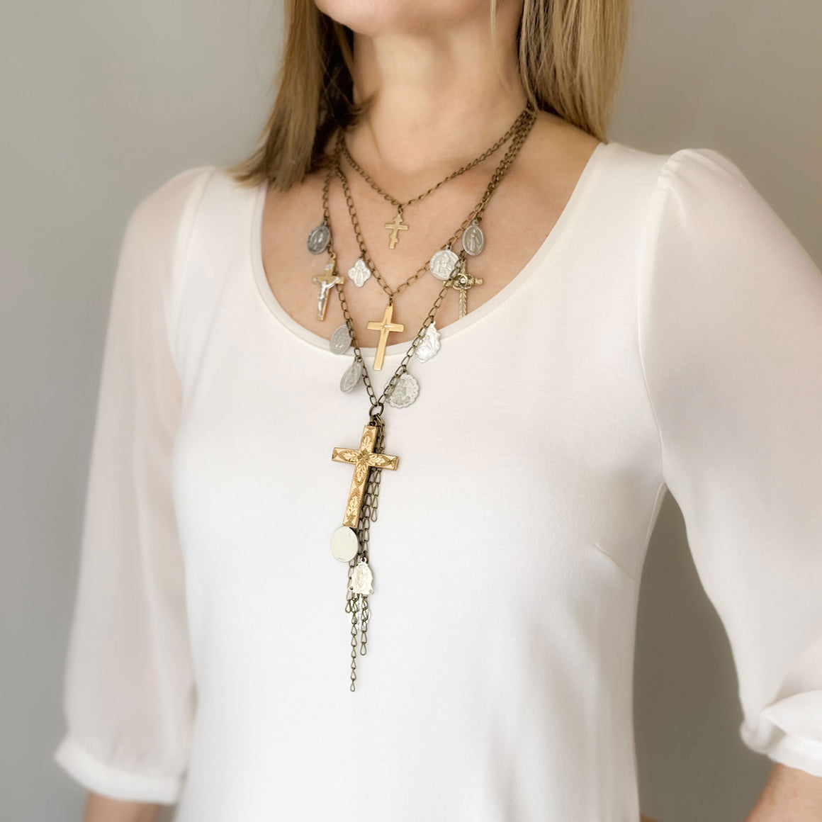 DIVINITY vintage devotional medals crosses layered necklaces-GREEN BIJOU