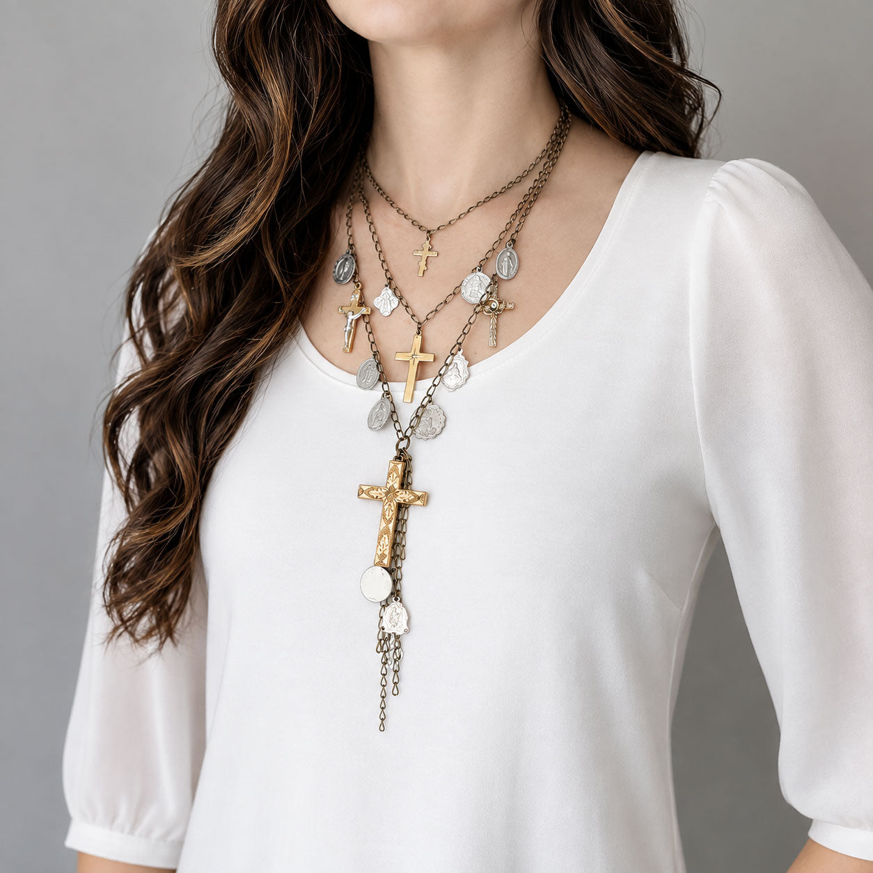 DIVINITY vintage devotional medals crosses layered necklaces-GREEN BIJOU