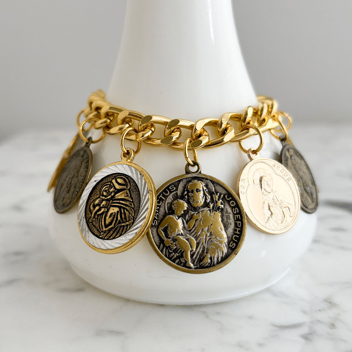 DIVINITY vintage devotional medals religious charm bracelet-GREEN BIJOU