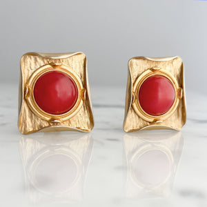 DONNA brutalist gold and marbled red cabochon clip earrings - 