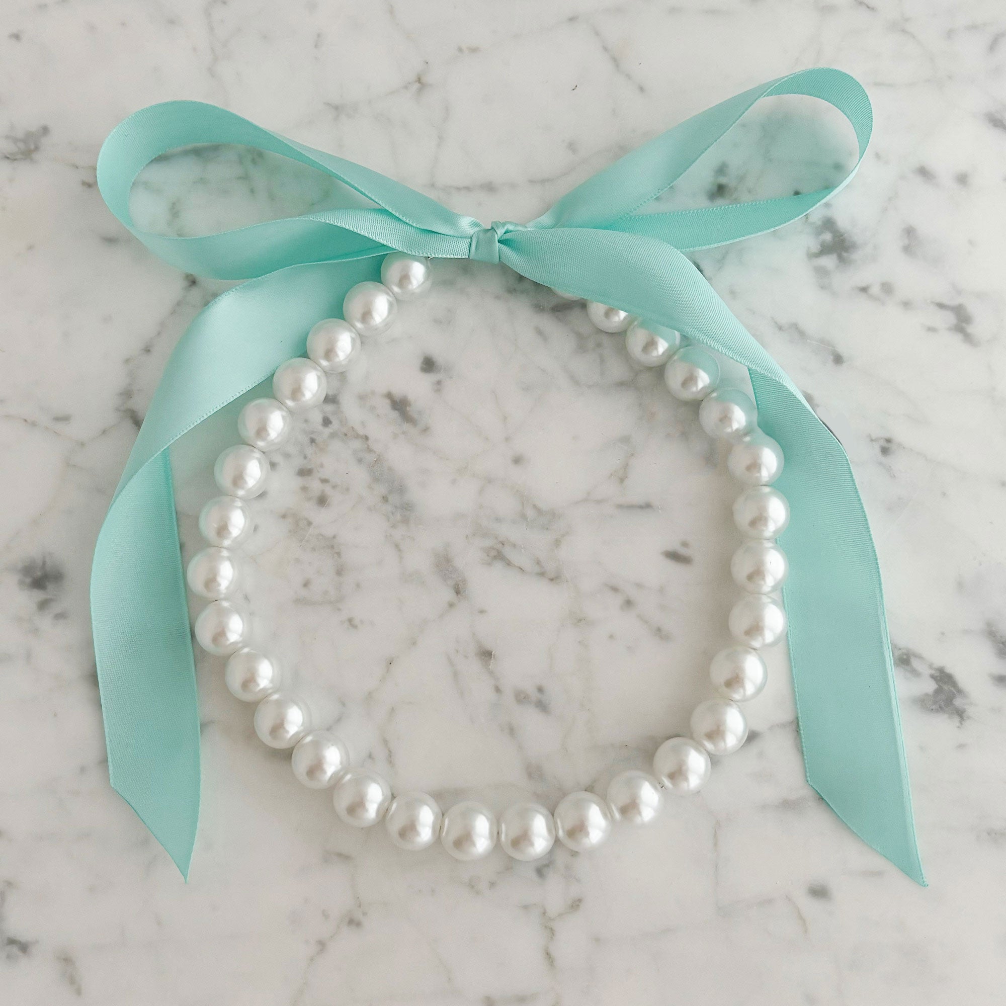 DOTTY Tiffany blue satin ribbon tie pearl necklace-GREEN BIJOU
