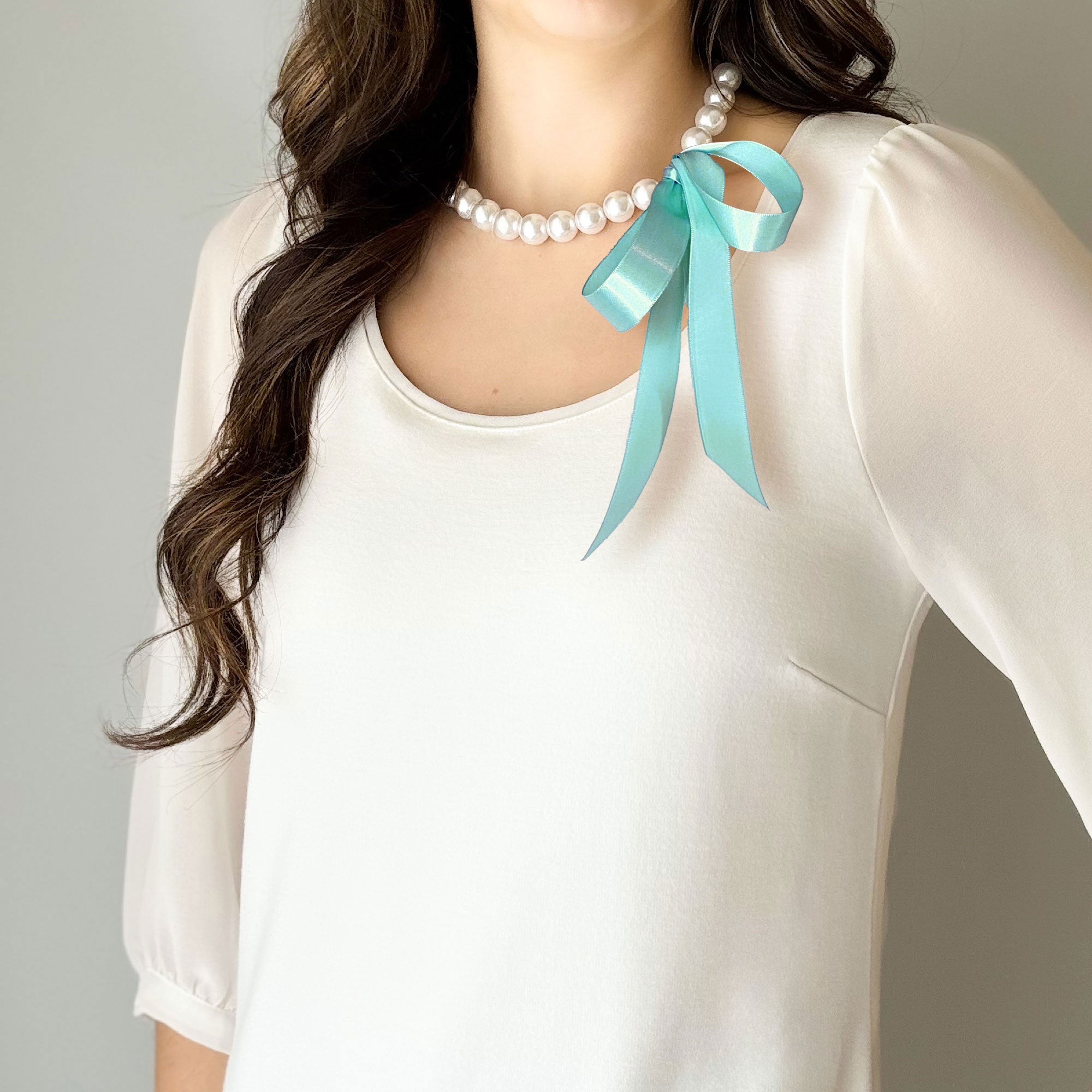DOTTY Tiffany blue satin ribbon tie pearl necklace-GREEN BIJOU