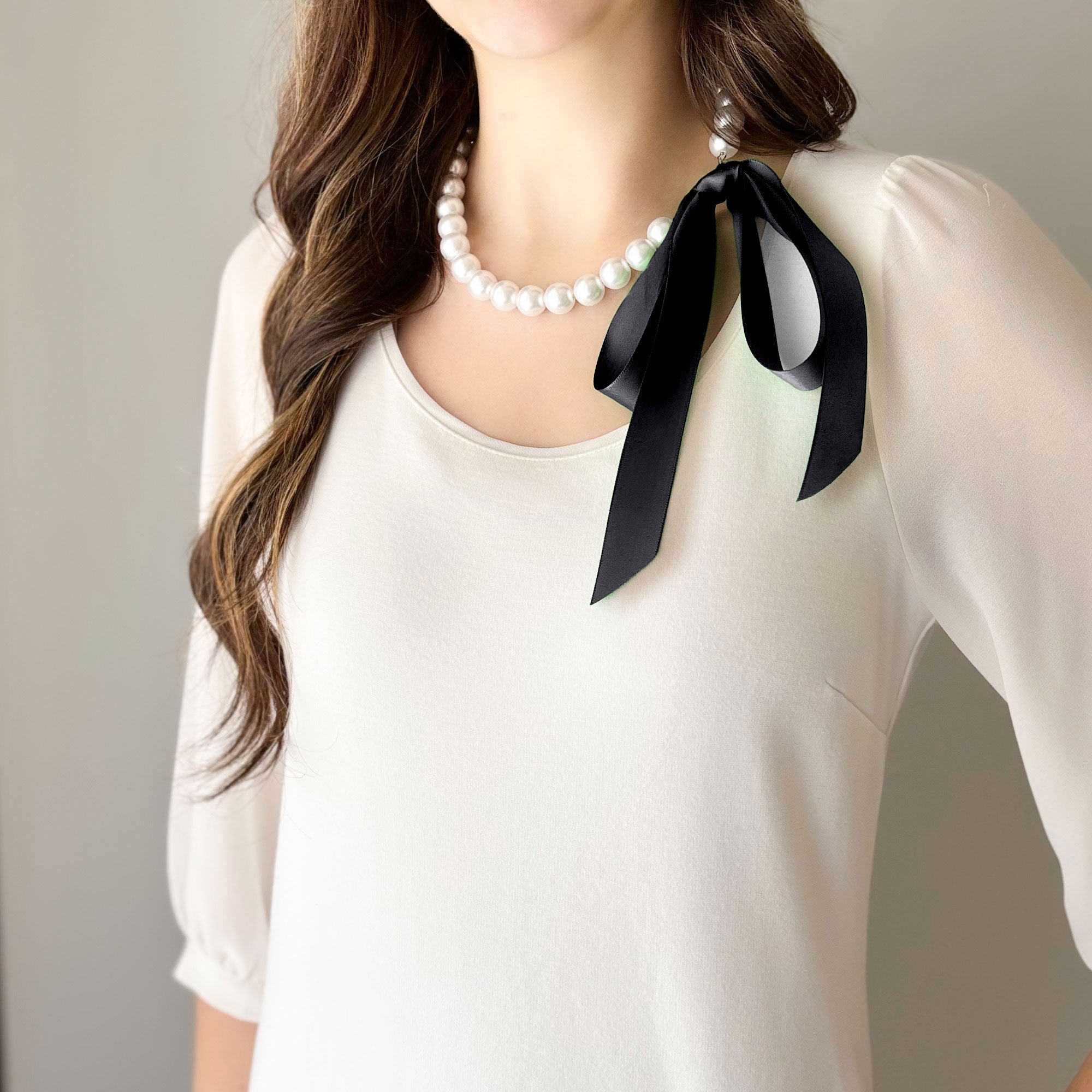DOTTY black satin ribbon tie pearl necklace-GREEN BIJOU