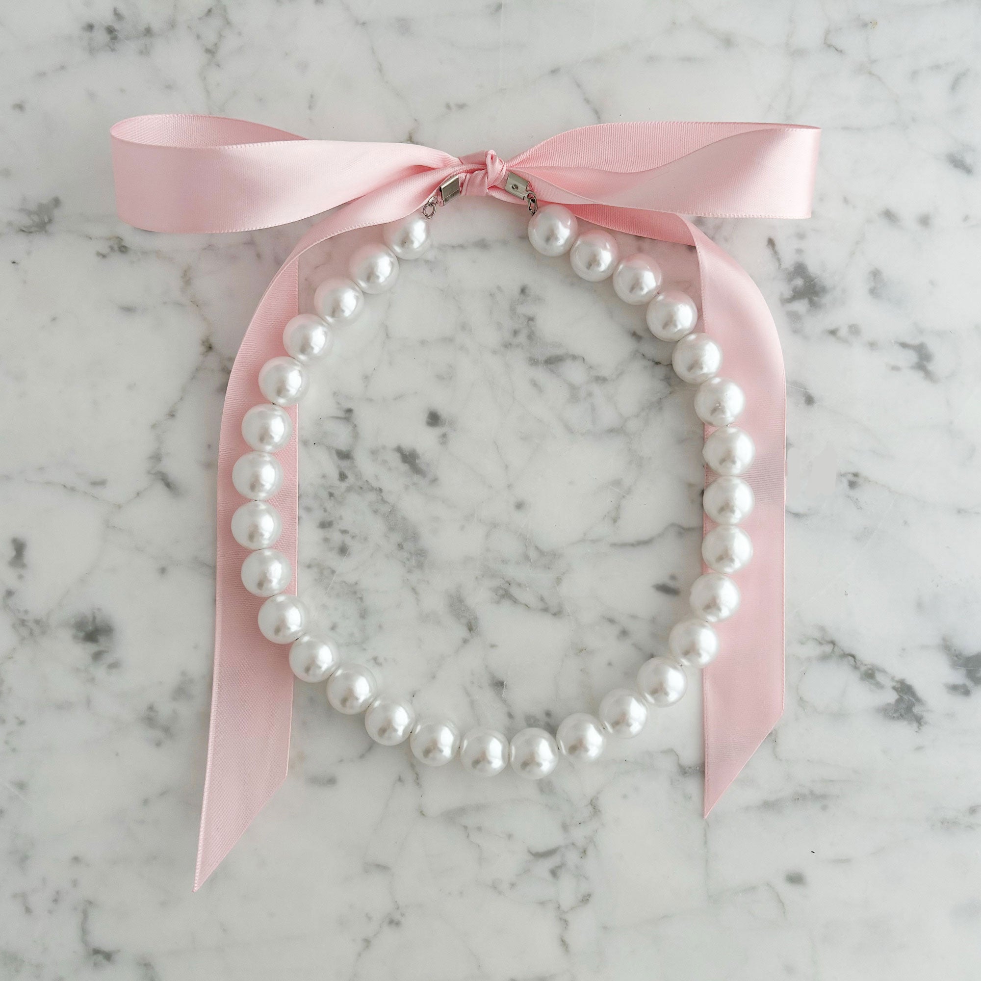 DOTTY blush pink satin ribbon tie pearl necklace