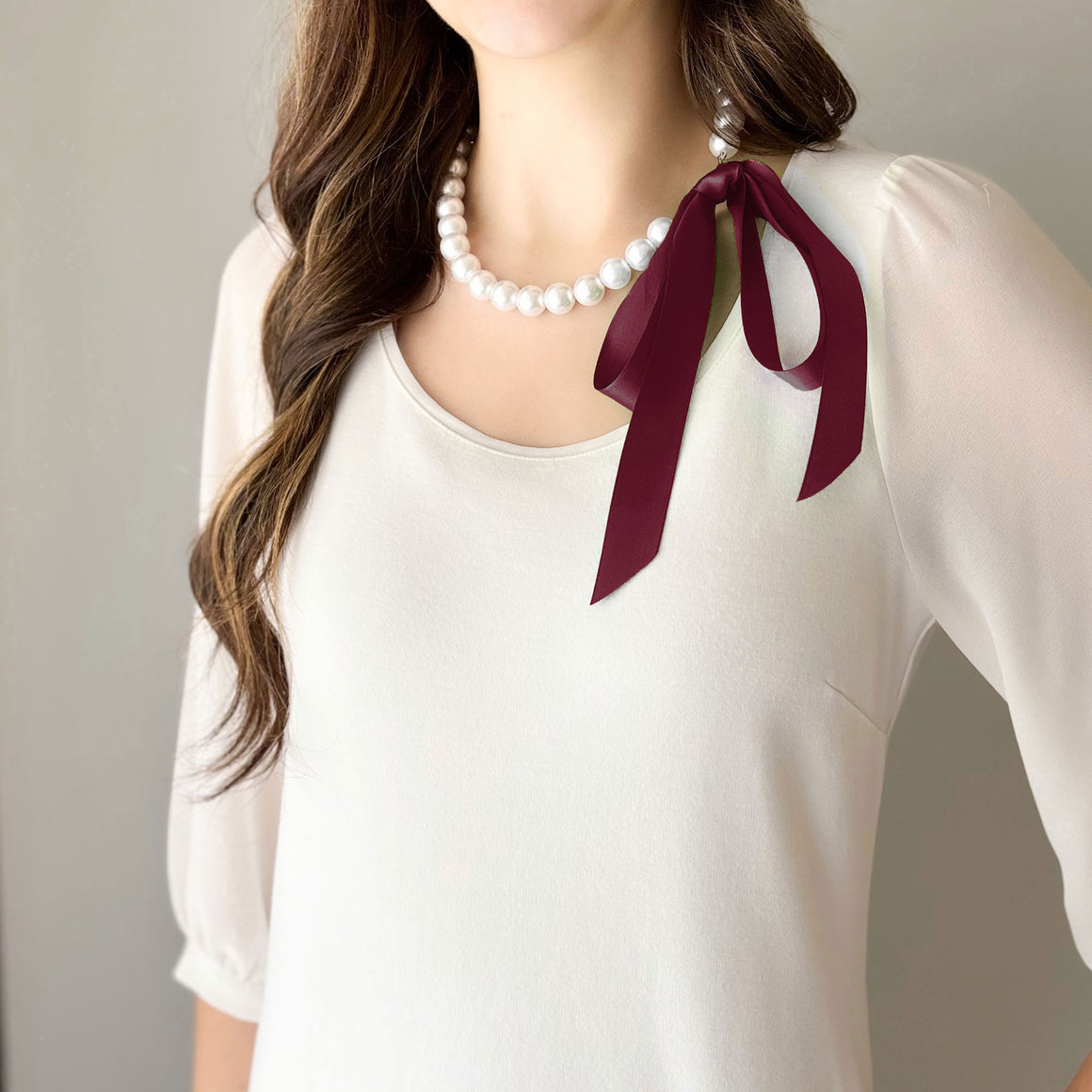 DOTTY burgundy satin ribbon tie pearl necklace