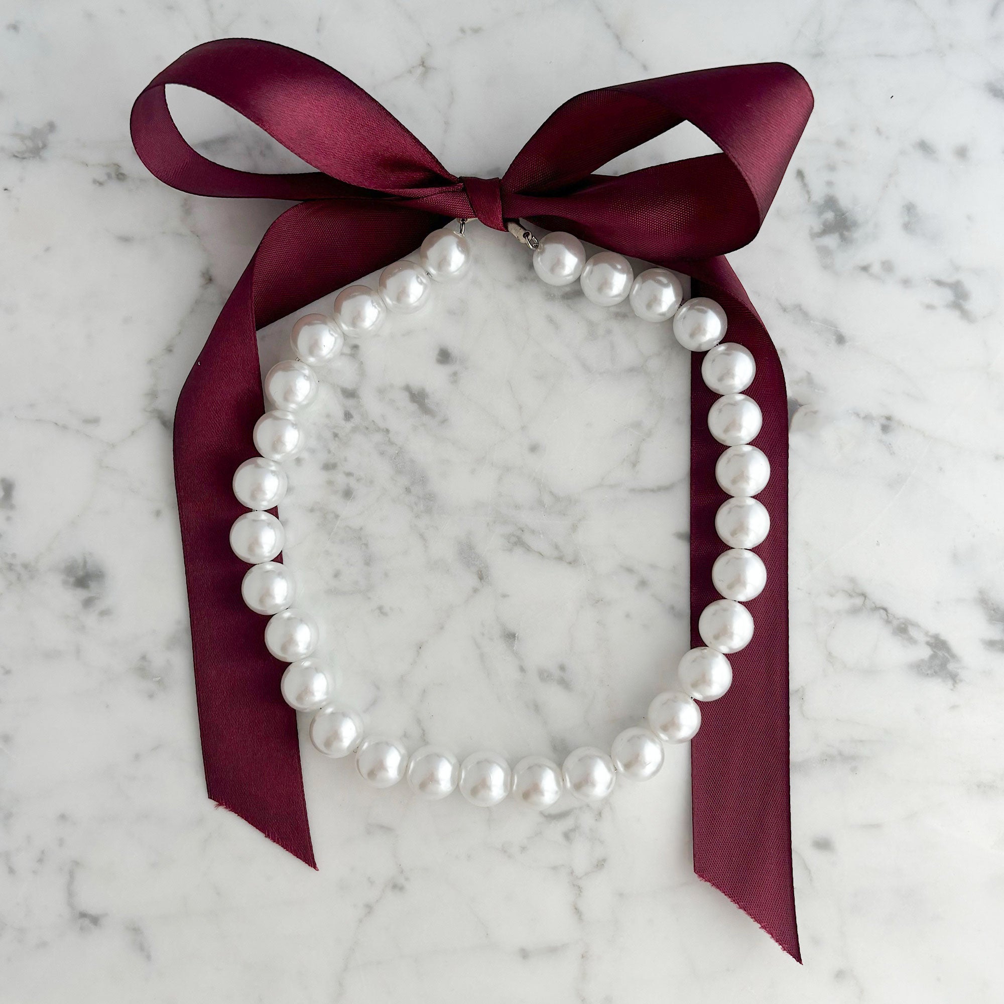 DOTTY burgundy satin ribbon tie pearl necklace