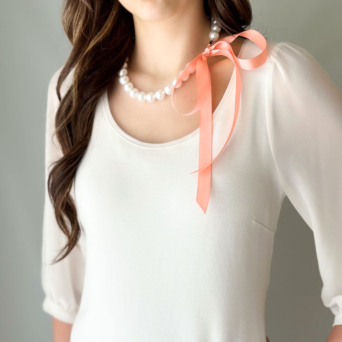DOTTY coral satin ribbon tie pearl necklace-GREEN BIJOU