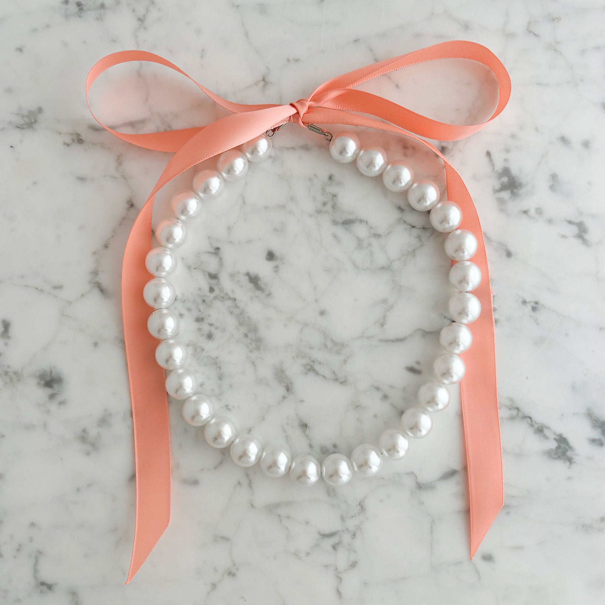 DOTTY coral satin ribbon tie pearl necklace-GREEN BIJOU