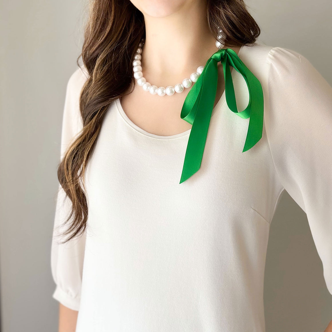 DOTTY emerald green satin ribbon tie pearl necklace-GREEN BIJOU