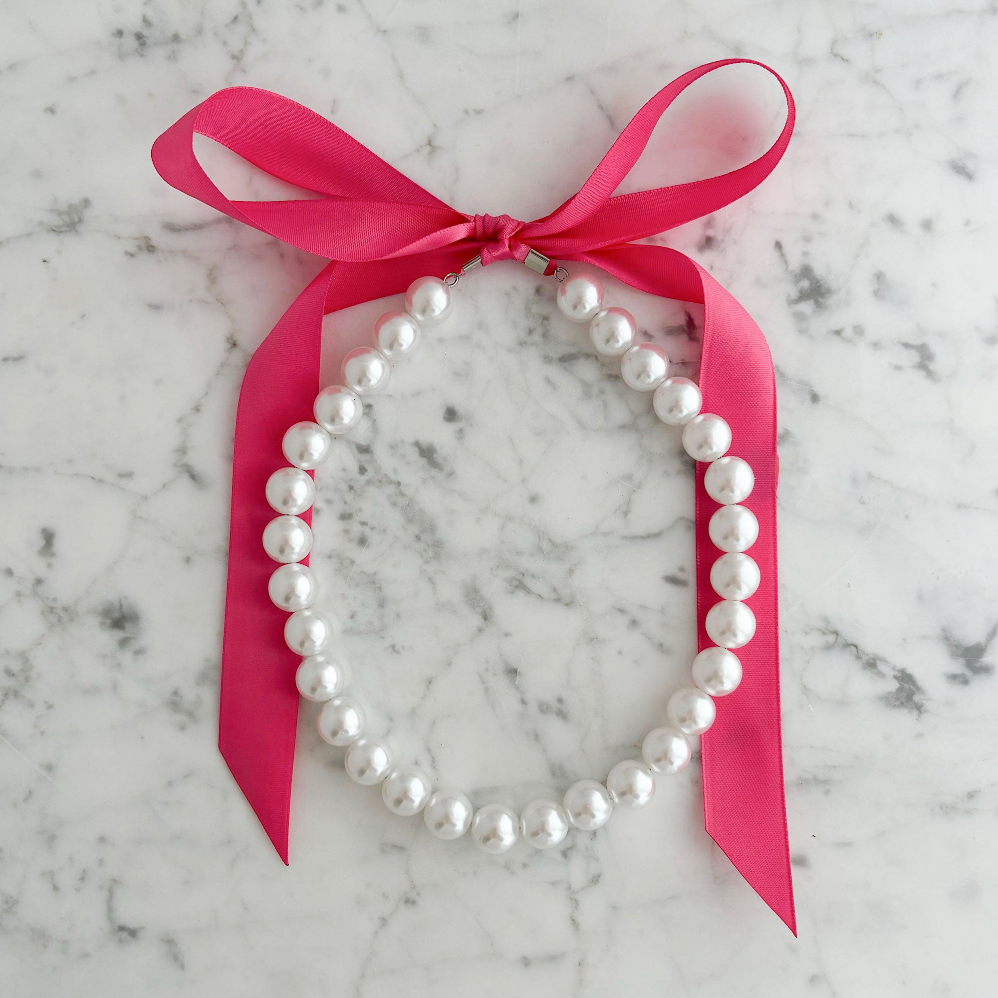 DOTTY fuchsia pink satin ribbon tie pearl necklace-GREEN BIJOU