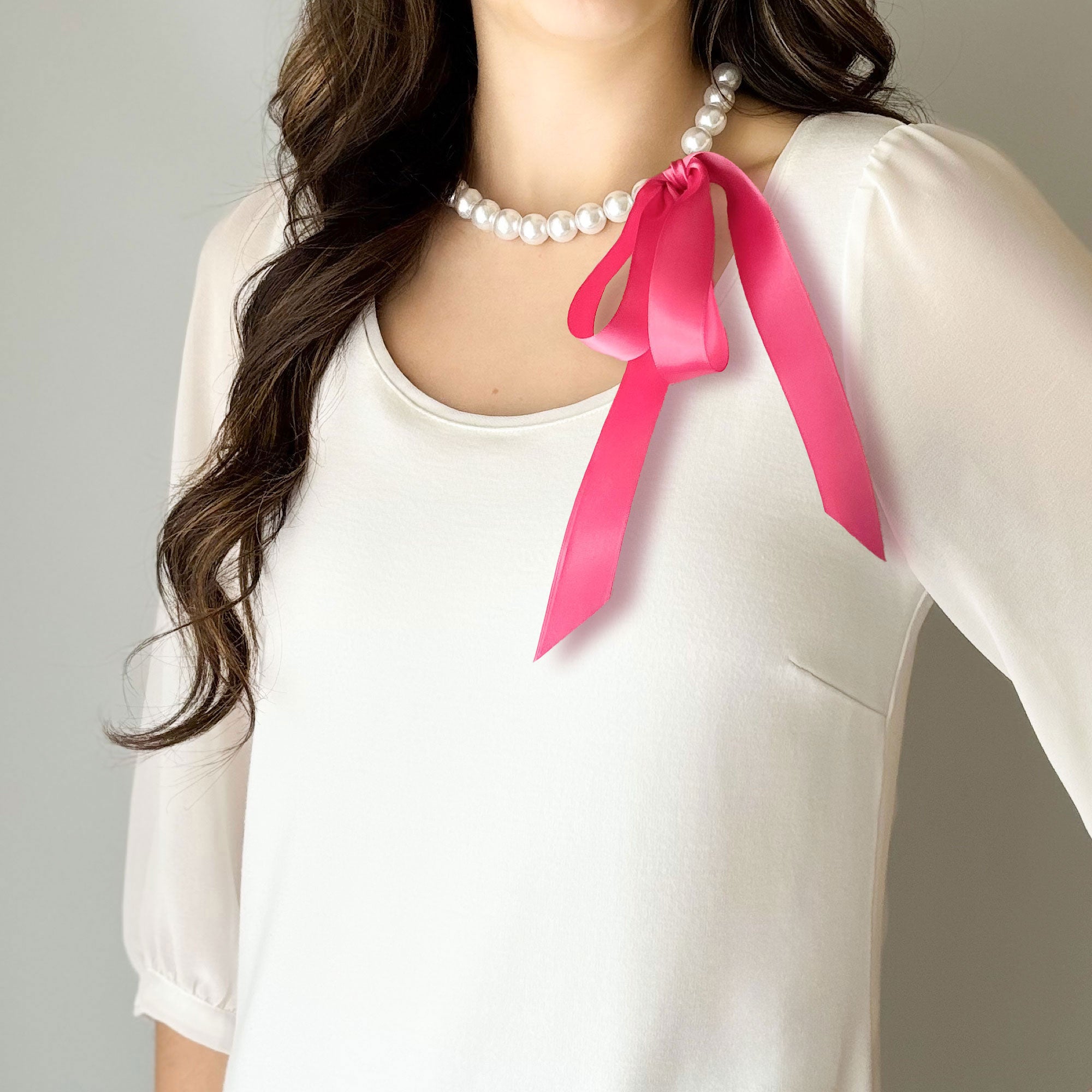 DOTTY fuchsia pink satin ribbon tie pearl necklace-GREEN BIJOU