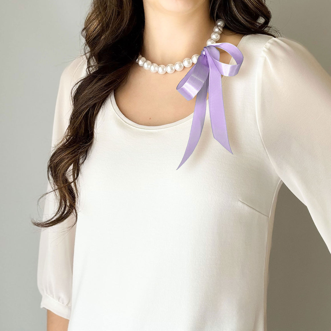 DOTTY lavender satin ribbon tie pearl necklace-GREEN BIJOU