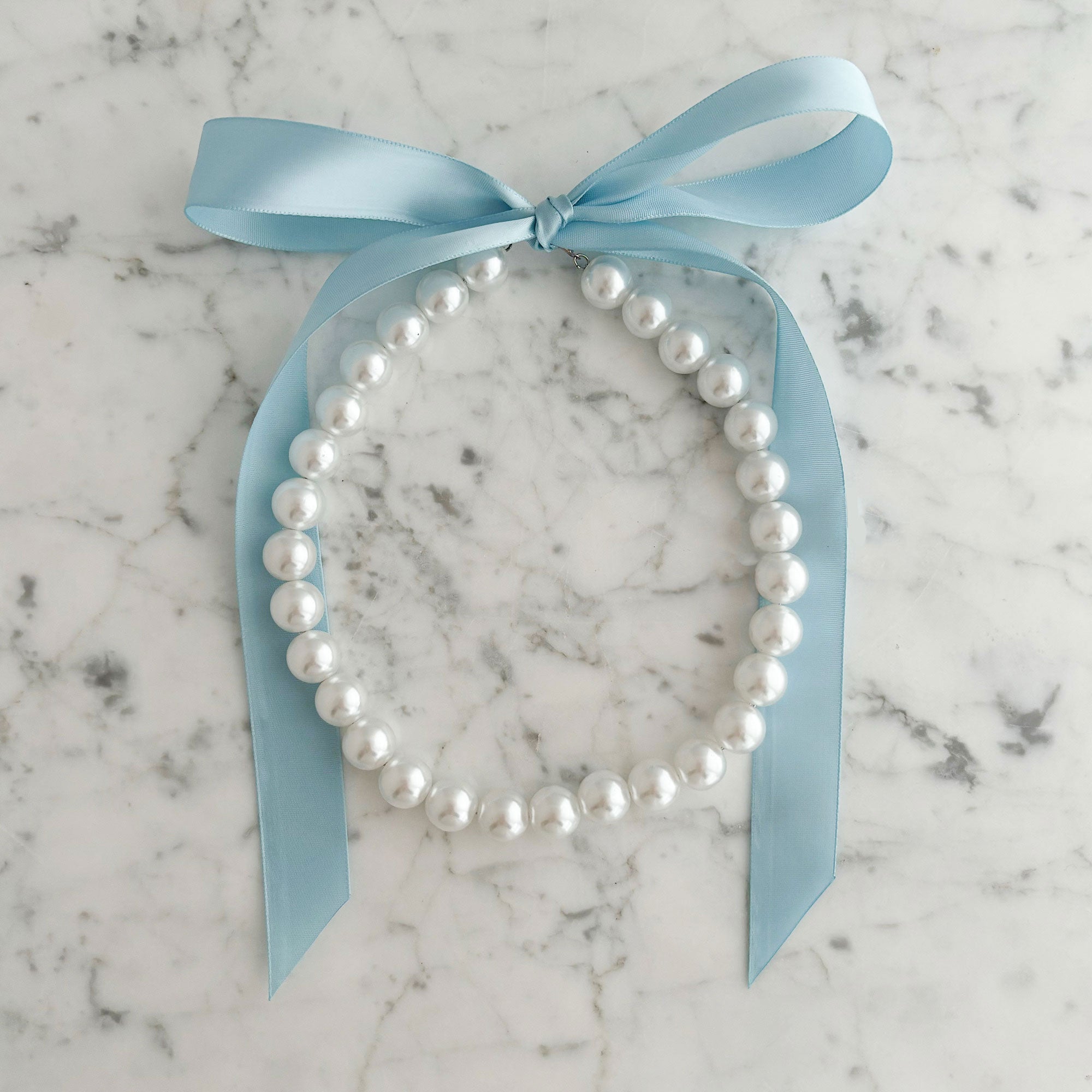 DOTTY light blue satin ribbon tie pearl necklace-GREEN BIJOU