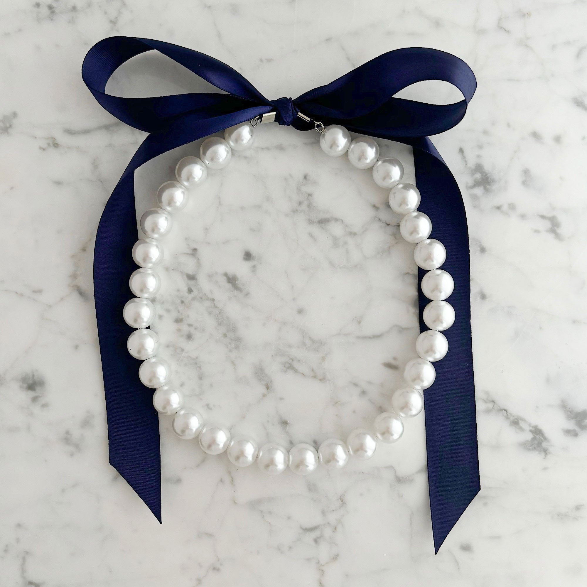 DOTTY navy blue satin ribbon tie pearl necklace-GREEN BIJOU