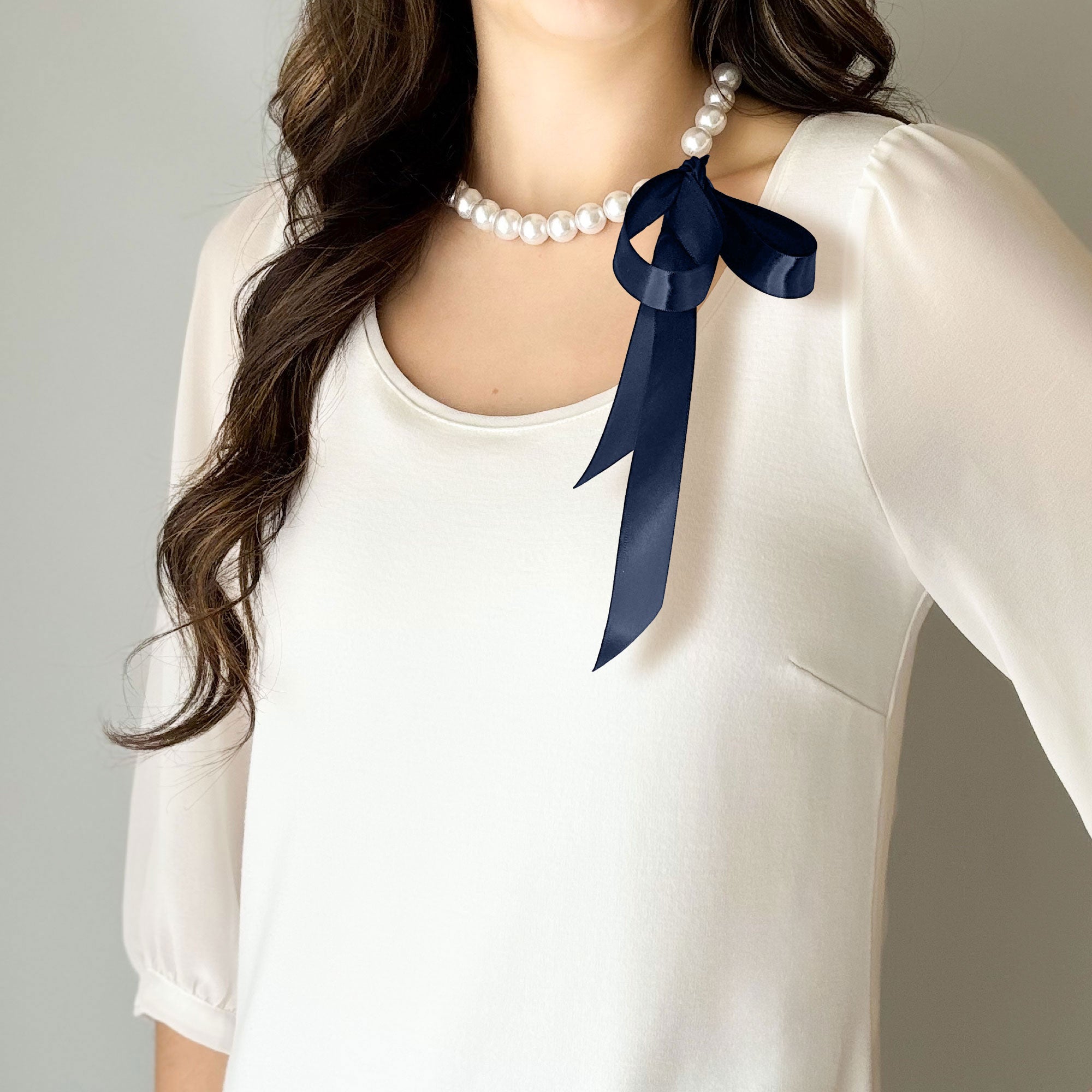 DOTTY navy blue satin ribbon tie pearl necklace-GREEN BIJOU