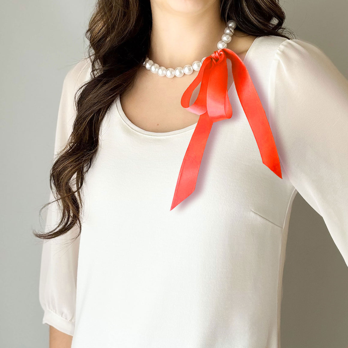 DOTTY orange satin ribbon tie pearl necklace-GREEN BIJOU