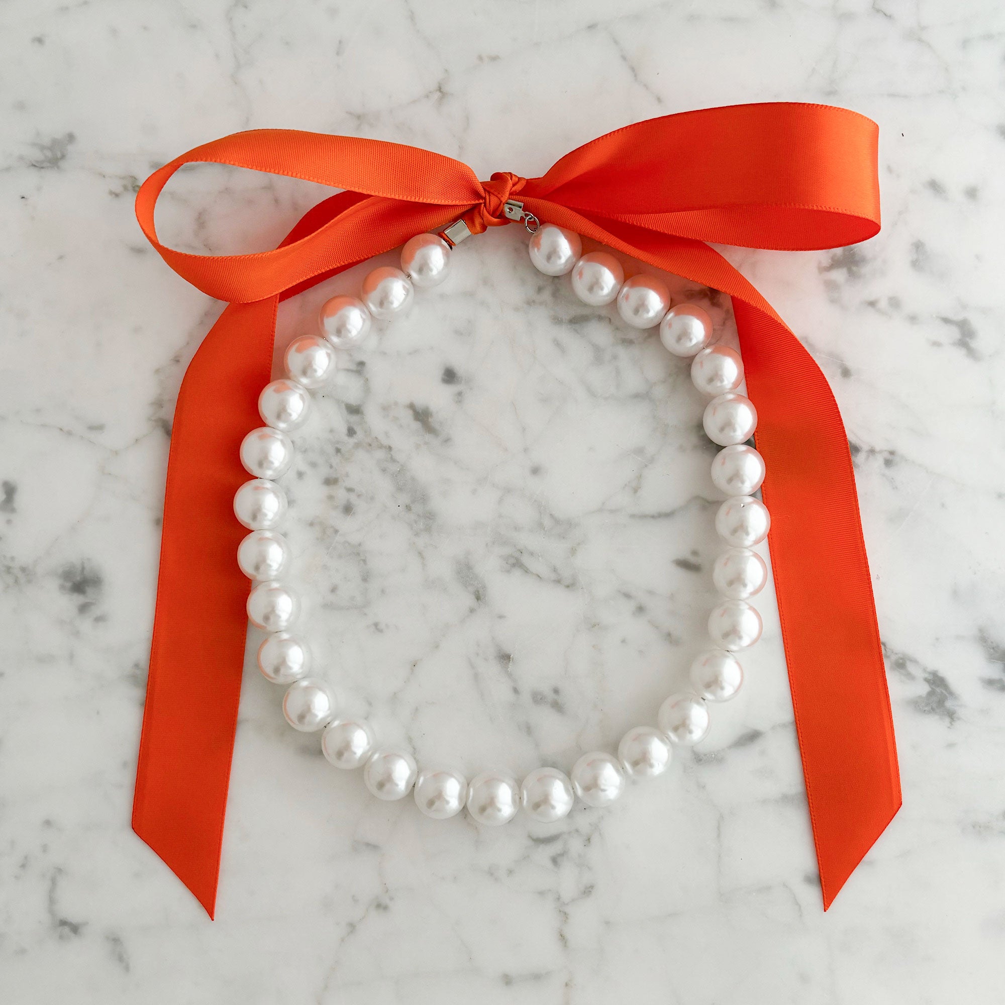 DOTTY orange satin ribbon tie pearl necklace-GREEN BIJOU
