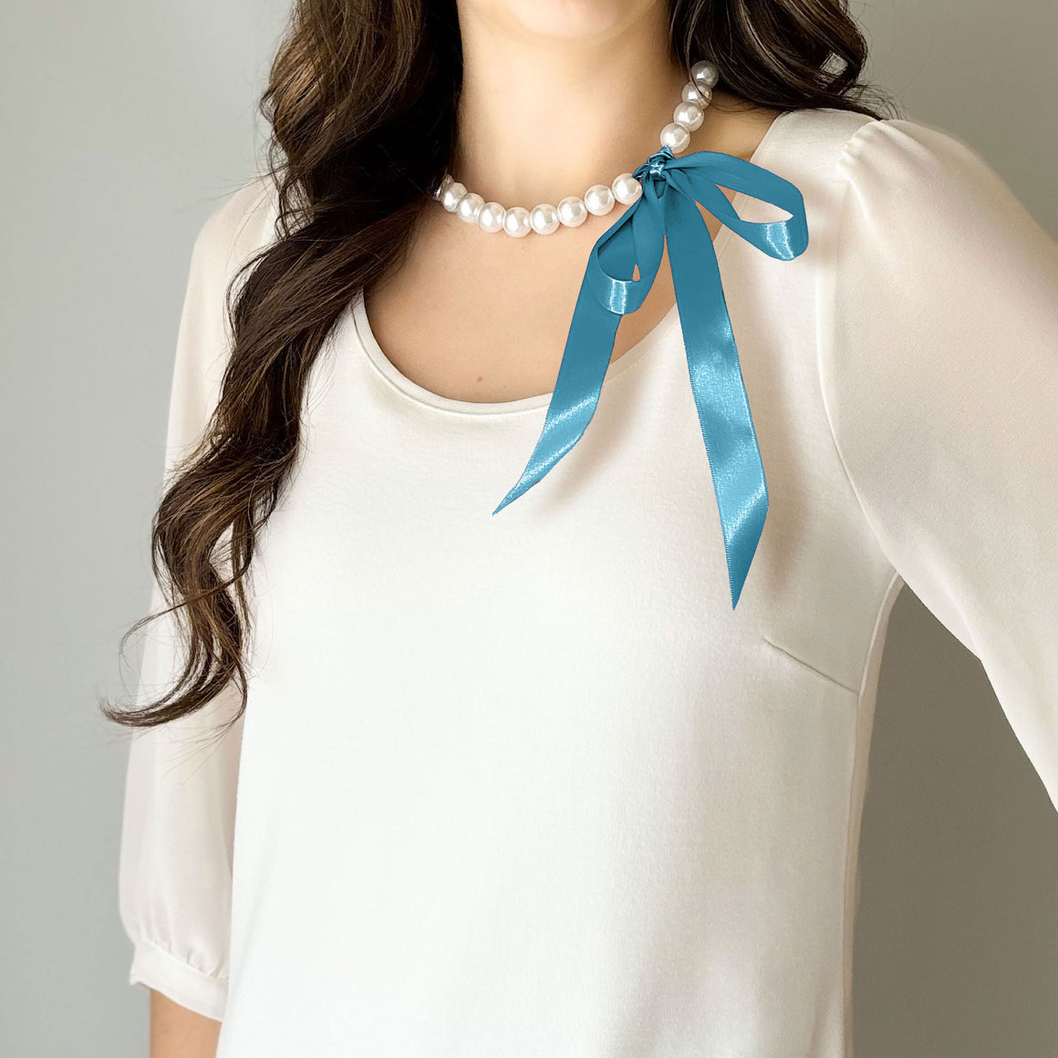 DOTTY peacock blue satin ribbon tie pearl necklace-GREEN BIJOU
