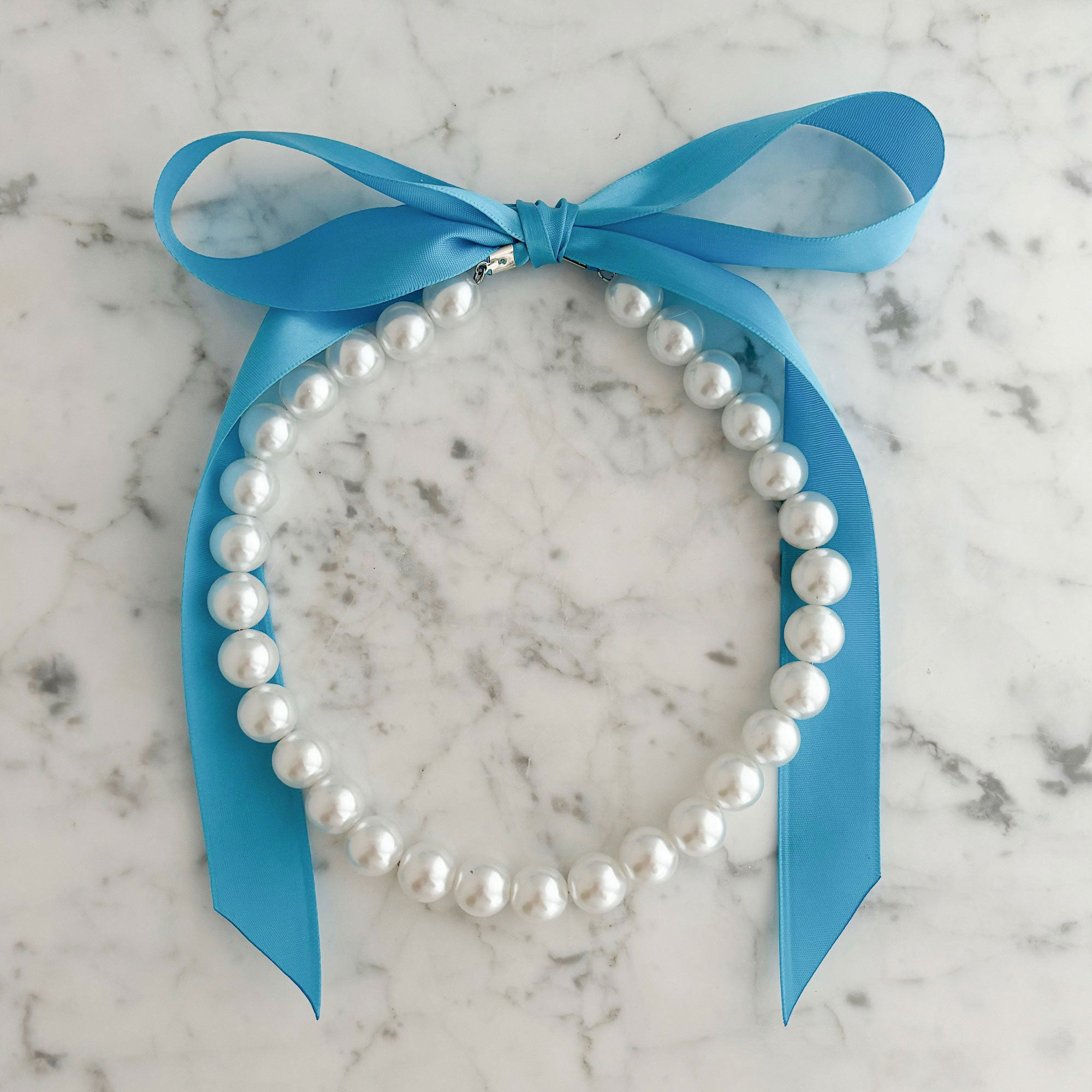DOTTY peacock blue satin ribbon tie pearl necklace-GREEN BIJOU