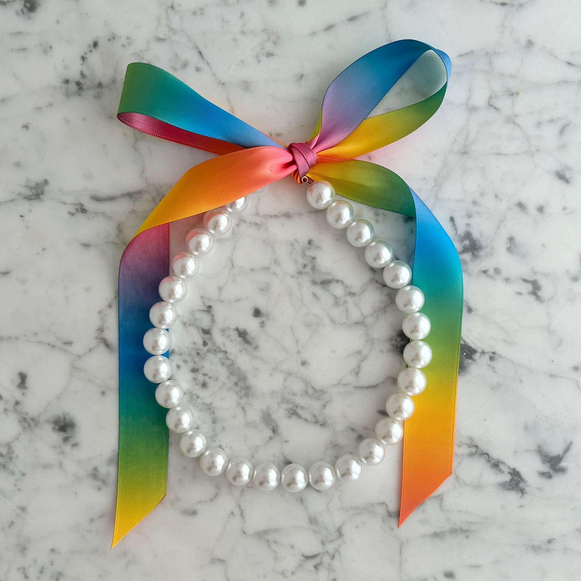 DOTTY rainbow ombré satin ribbon tie pearl necklace-GREEN BIJOU