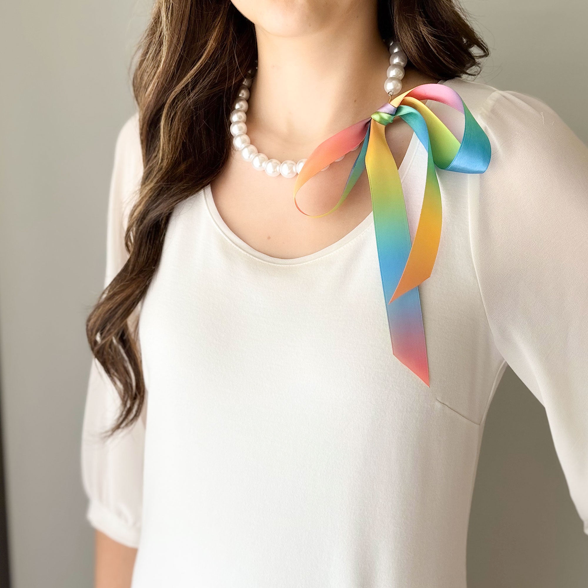 DOTTY rainbow ombré satin ribbon tie pearl necklace-GREEN BIJOU