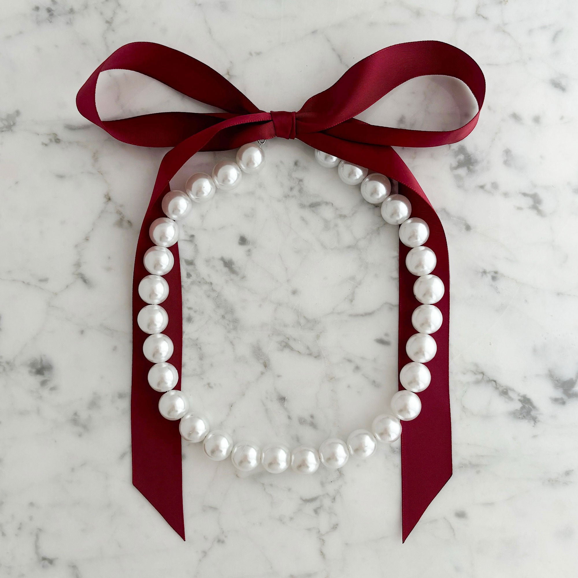 DOTTY red wine satin ribbon tie pearl necklace-GREEN BIJOU