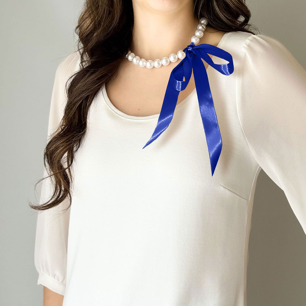 DOTTY royal blue satin ribbon tie pearl necklace-GREEN BIJOU