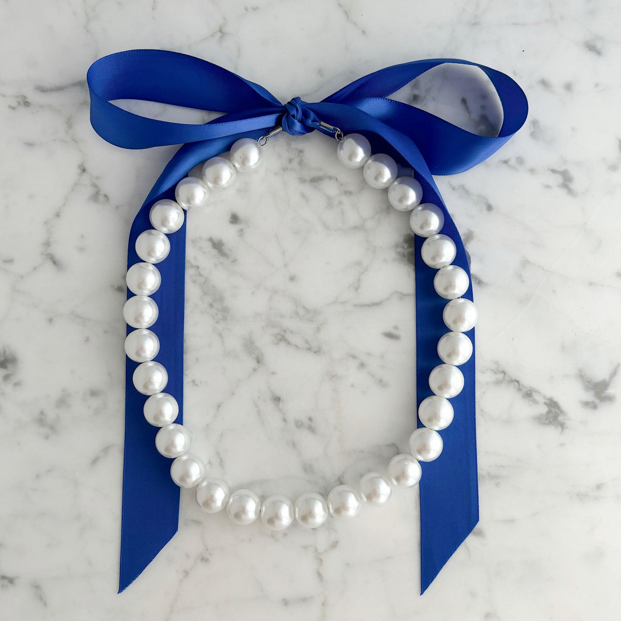 DOTTY royal blue satin ribbon tie pearl necklace-GREEN BIJOU