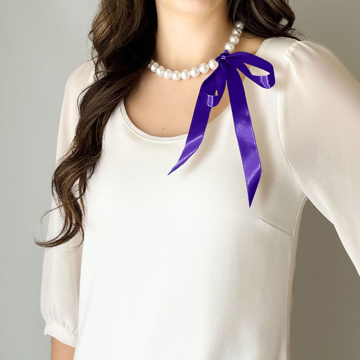 DOTTY royal purple satin ribbon tie pearl necklace-GREEN BIJOU