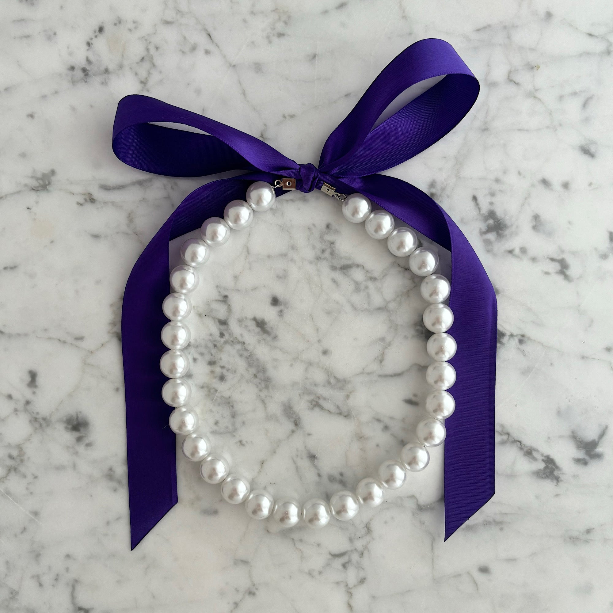 DOTTY royal purple satin ribbon tie pearl necklace-GREEN BIJOU