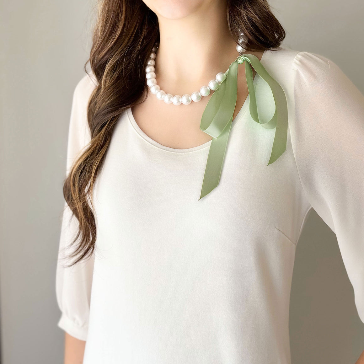 DOTTY sage green satin ribbon tie pearl necklace-GREEN BIJOU