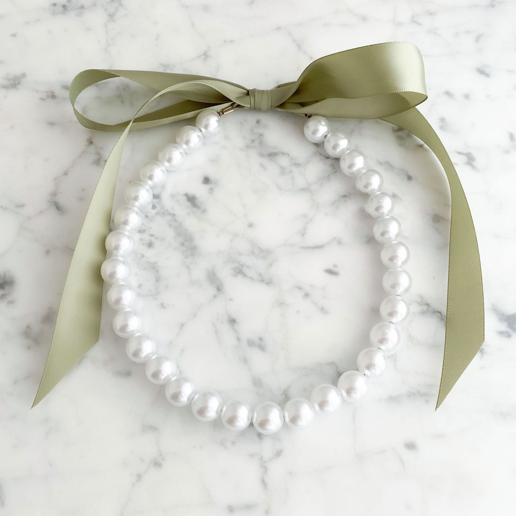 DOTTY sage green satin ribbon tie pearl necklace-GREEN BIJOU